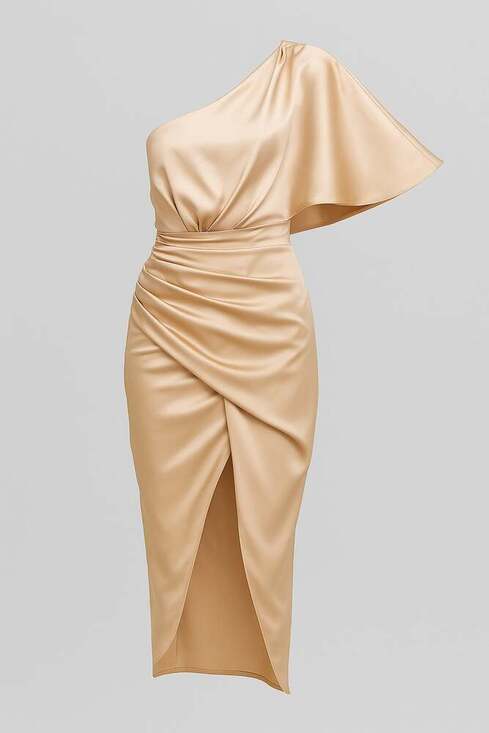 CUPSHE Women's Beige Braylee Satin One-Shoulder Sheath Dress - Picture 5 of 7